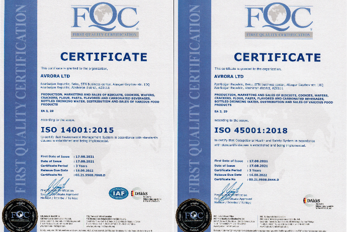 Avrora Qrup iki beynəlxalq sertifikat alıb -  İSO 14001:2015 və İSO 45001:2018 | FED.az