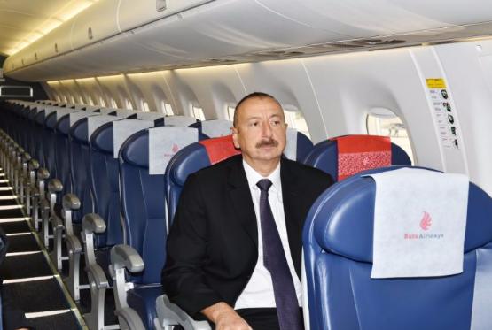 Prezident "Buta Airways" aviaşirkətinin Bakıya gətirilən ilk "Embraer 190" təyyarəsi ilə tanış olub FOTO