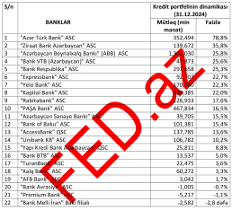 Azərbaycanda kredit portfelinin dinamikası üzrə – BANKLARIN RENKİNQİ (31.12.2024) | FED.az