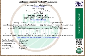 Azərbaycan pambıq sektorunda tarixi ilk: Prime Cotton USDA NOP Orqanik Sertifikatını əldə edən ilk şirkət oldu